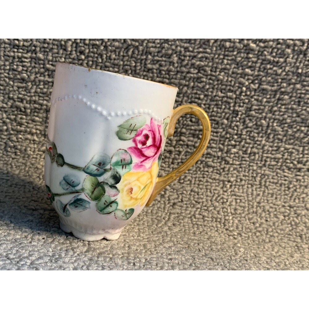 VINTAGE O & EG  AUSTRIA ROYAL Tea Cup White Floral Gold Trim 3" tall